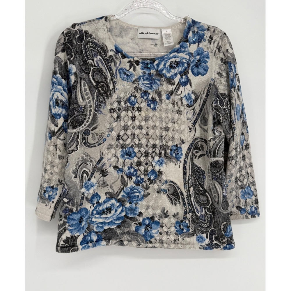 Alfred Dunner Womens Blue Floral Paisley Metallic Knit 3/4 Sleeve Sweater M